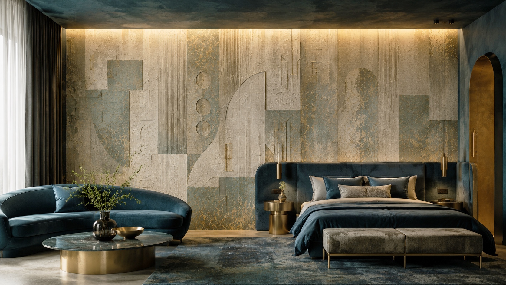 Luxury interior featuring a sculptural mineral, teal and gold wall surface