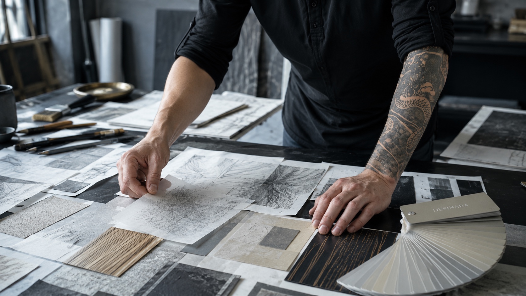 Sonny Wamback reviewing drawings, material finishes and tonal samples in the studio