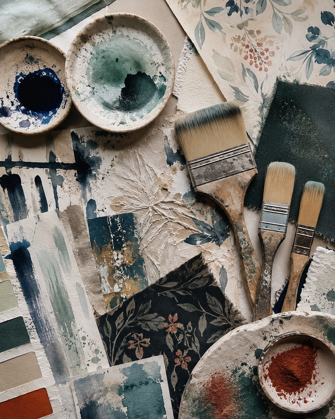 Pigments, botanical artwork, brushes and layered surface samples