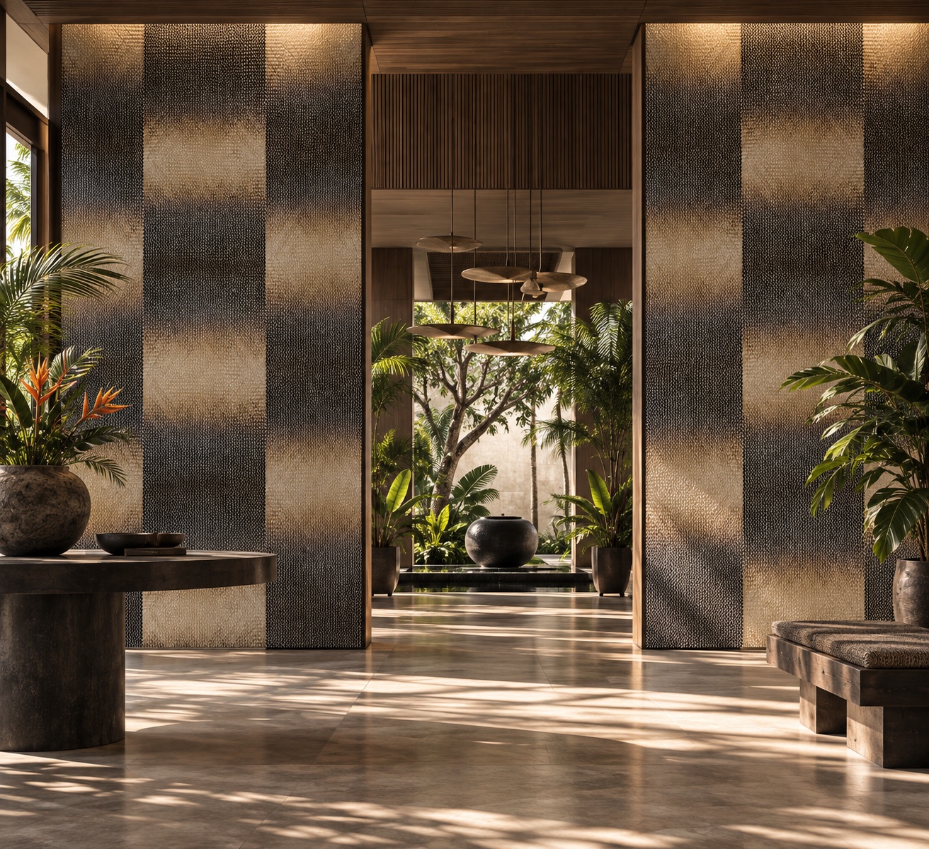 Ember Weave handwoven bamboo wallcovering installed as architectural panels in a tropical lobby