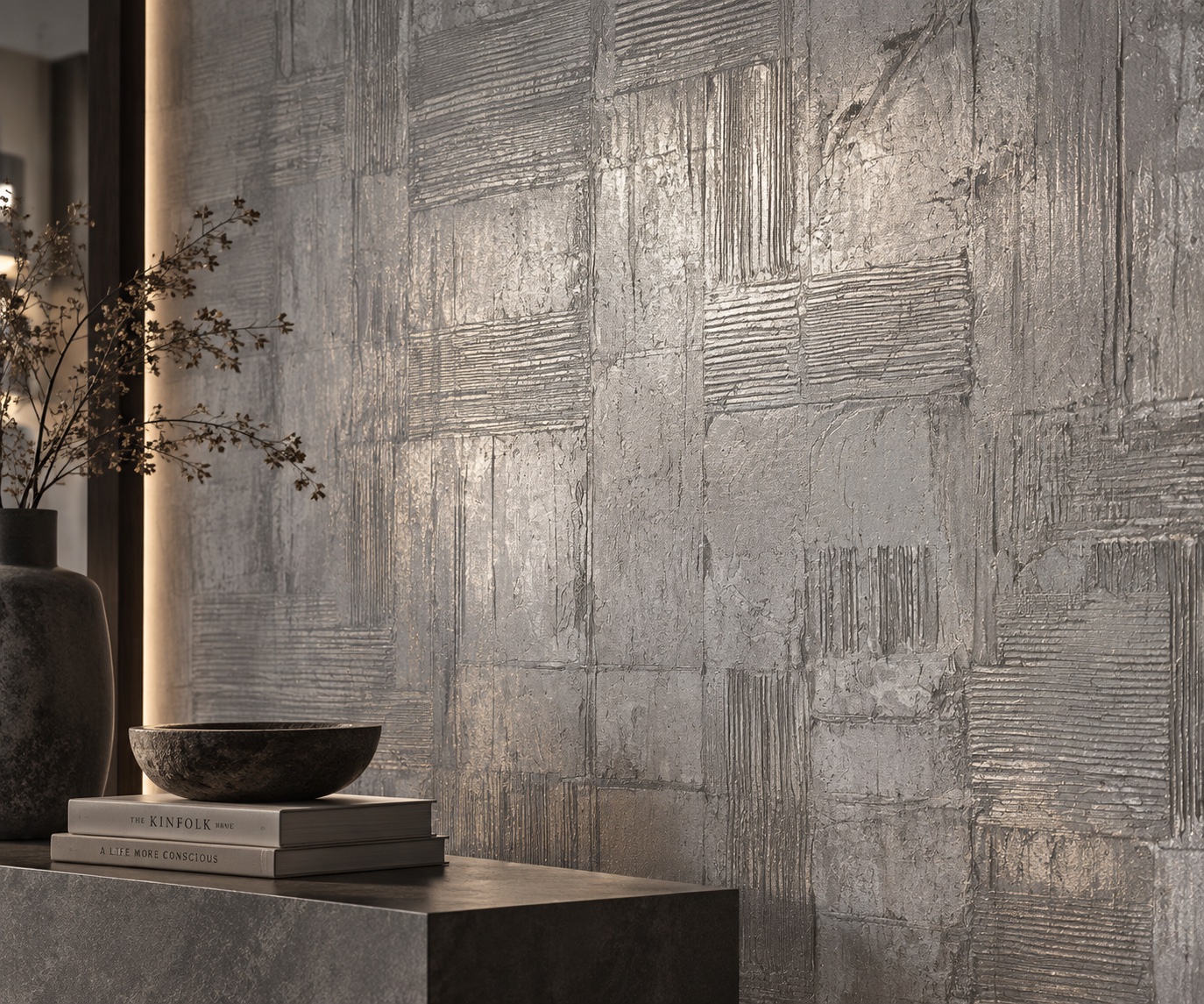 Imprint metallic textured stucco wallcovering in an understated luxury interior
