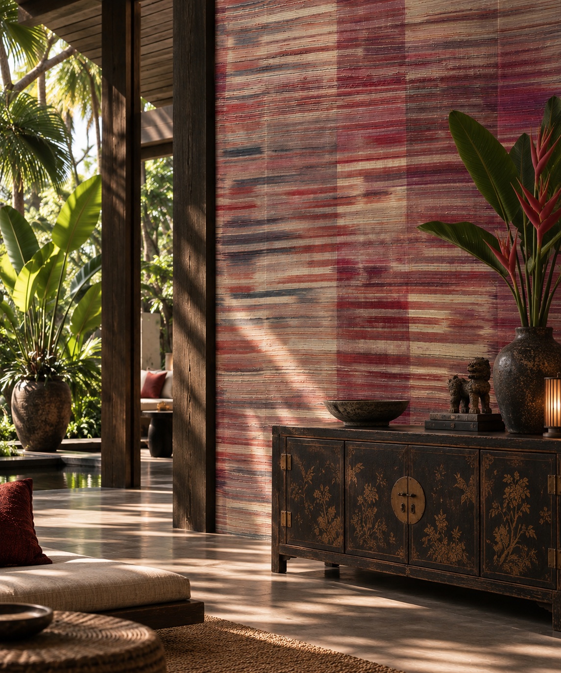 Loom handwoven Thai silk wallcovering installed in a refined tropical interior
