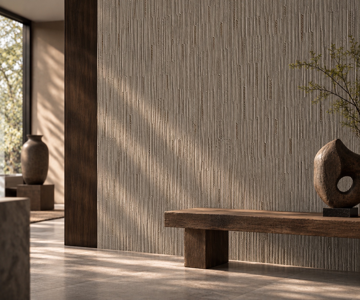 Rhythm embossed textile wallcovering installed in a quiet contemporary interior
