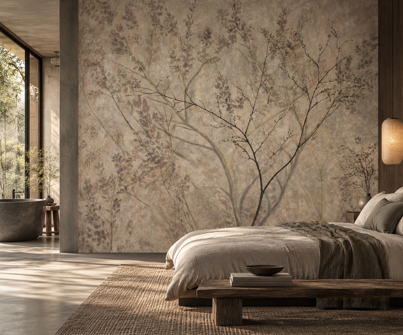 Silent Canopy atmospheric forest mural on textile in a calm hospitality bedroom